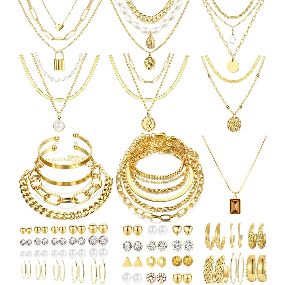 image:imageFAXHION 68 Pcs Gold Jewelry Set for Women with 7 Necklace 17 Bracelet 5 Hoop Earrings 15 Stud Earrings 24 Knuckle Rings for Women Jewelry Set for Womengold hoops set