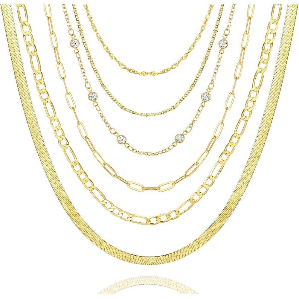 image:imageFAXHION 6PCS Gold Layered Chain Necklaces for Women18k Gold Dainty CZ Choker Necklace Trendy Adjustable Layering Necklace Set for Women Gifts