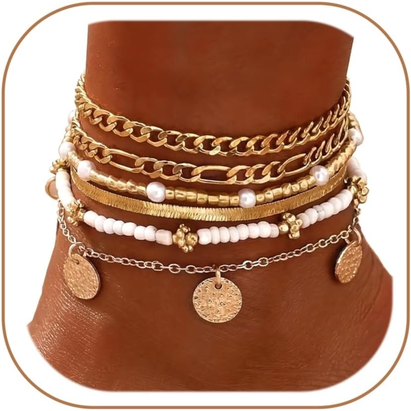 image:imageFAXHION Gold Anklets for Women Waterproof Adjustable Boho Stacking Dangle Coin White Bead Cuban Link Chain Anklets Set Summer Layered Beach Jewelry Gift for WomenGoldCuban Chain Coin