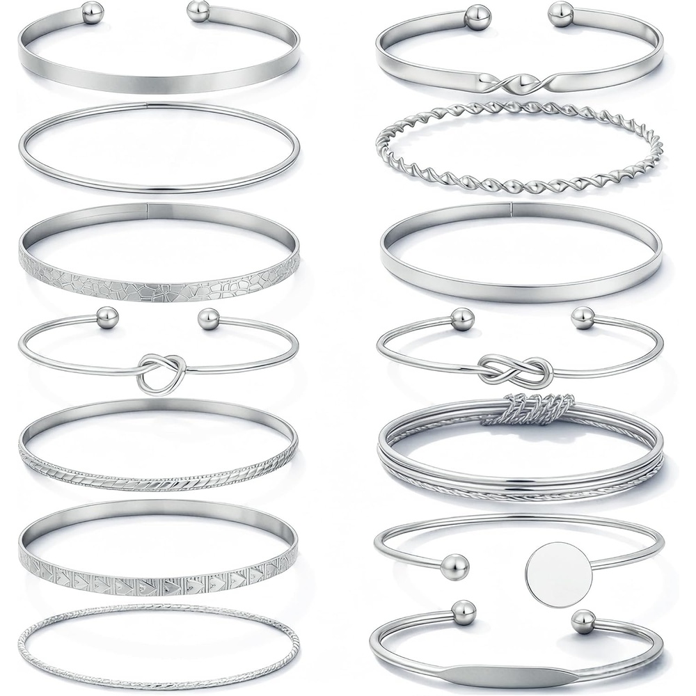 image:imageFAXHION Gold Bangle Bracelets for Women 14 Pcs Multi Layer Stackable Bangle Set 14K Gold Plated Textured Chunky Bracelets Boho Jewelrys SetSilver A14 pcs