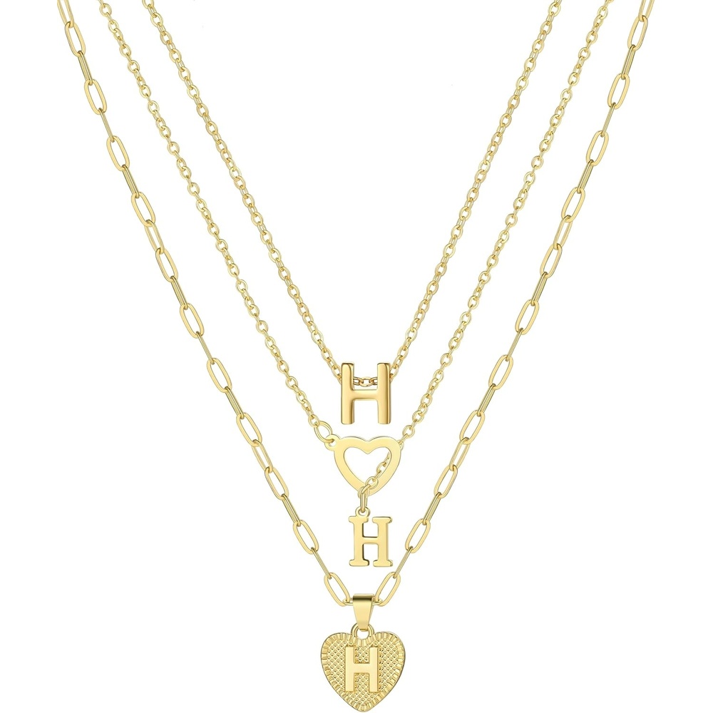 image:imageFAXHION Gold Initial Necklaces for Women 3 Pcs 14K Gold Plated Letter Heart Pendant Necklaces Dainty Gold Letter Necklace Set Layering Choker Necklace for GiftGold