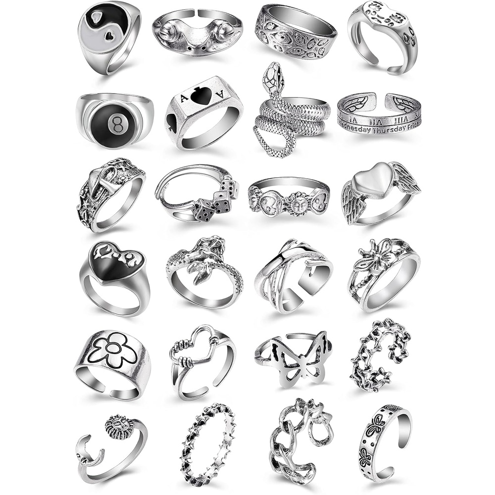 image:imageVintage Silver Open Punk Rings for Men Women 24PCS Adjustable Alt Chunky Bulky Hippie Rings Cool Gothic Statement Stacking Ring Skull Snake Star Flower Heart Eboy Emo Y2K Ring