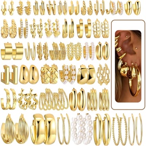 image:image42 Pairs Gold Hoop Earrings Set for Women Hypoallergenic Multipack Small to Chunky Hoops Pearl amp Twisted Trendy Earrings for Everyday Wear amp Mothers Day GiftsGold42 pairs