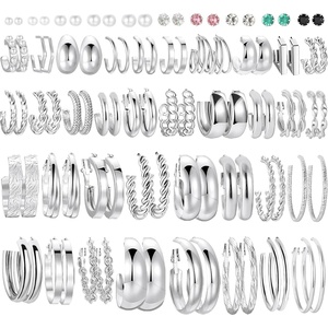 image:image46 Pairs Gold Hoop Earrings Set for Women Fashion Hypoallergenic Chunky Twisted Pearl Stud Earrings Multipack Small Big Hoops Earring Packs Trendy for Christmas Birthday Party Jewelry Gift02Silver