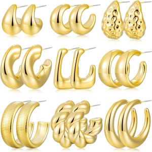 image:image9 Pairs Gold Hoop Earrings for Women Trendy Thick Twisted Gold Earrings Lightweight Chunky Hoop Earring Set Jewelry for GiftsAGold