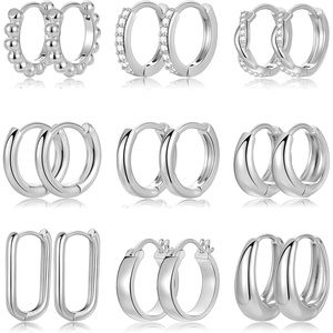 image:image9 Pairs Small GoldSilver Hoop Huggie Earrings Set for Women 14K Gold Plated Chunky Hoop Small Earring Hypoallergenic Thick Open Lightweight Chunky Hoop Earrings Jewelry for Giftssilverstandard