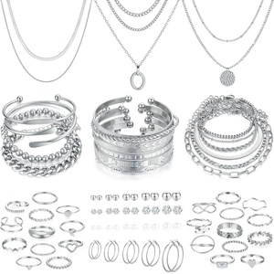 image:imageFAXHION 68 Pcs Gold Jewelry Set for Women with 7 Necklace 17 Bracelet 5 Hoop Earrings 15 Stud Earrings 24 Knuckle Rings for Women Jewelry Set for Womensilver jewelry set
