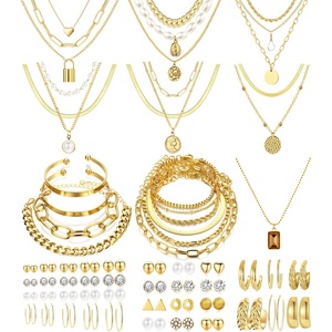 image:imageFAXHION 68 Pcs Gold Jewelry Set for Women with 7 Necklace 17 Bracelet 5 Hoop Earrings 15 Stud Earrings 24 Knuckle Rings for Women Jewelry Set for Womengold hoops set