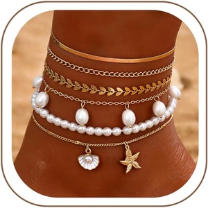 image:imageFAXHION Gold Anklets for Women Waterproof Adjustable Boho Stacking Dangle Coin White Bead Cuban Link Chain Anklets Set Summer Layered Beach Jewelry Gift for WomenGoldpearl Shell