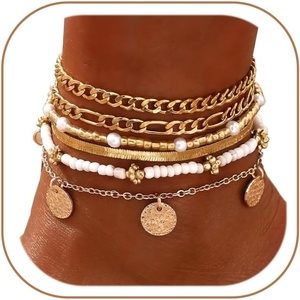 image:imageFAXHION Gold Anklets for Women Waterproof Adjustable Boho Stacking Dangle Coin White Bead Cuban Link Chain Anklets Set Summer Layered Beach Jewelry Gift for WomenGoldCuban Chain  Coin