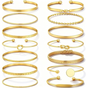 image:imageFAXHION Gold Bangle Bracelets for Women 14 Pcs Multi Layer Stackable Bangle Set 14K Gold Plated Textured Chunky Bracelets Boho Jewelrys SetGold A14 pcs
