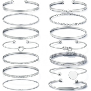image:imageFAXHION Gold Bangle Bracelets for Women 14 Pcs Multi Layer Stackable Bangle Set 14K Gold Plated Textured Chunky Bracelets Boho Jewelrys SetSilver A14 pcs