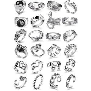 image:imageVintage Silver Open Punk Rings for Men Women 24PCS Adjustable  Alt Chunky Bulky Hippie Rings Cool Gothic Statement Stacking Ring Skull Snake Star Flower Heart Eboy Emo Y2K Ring