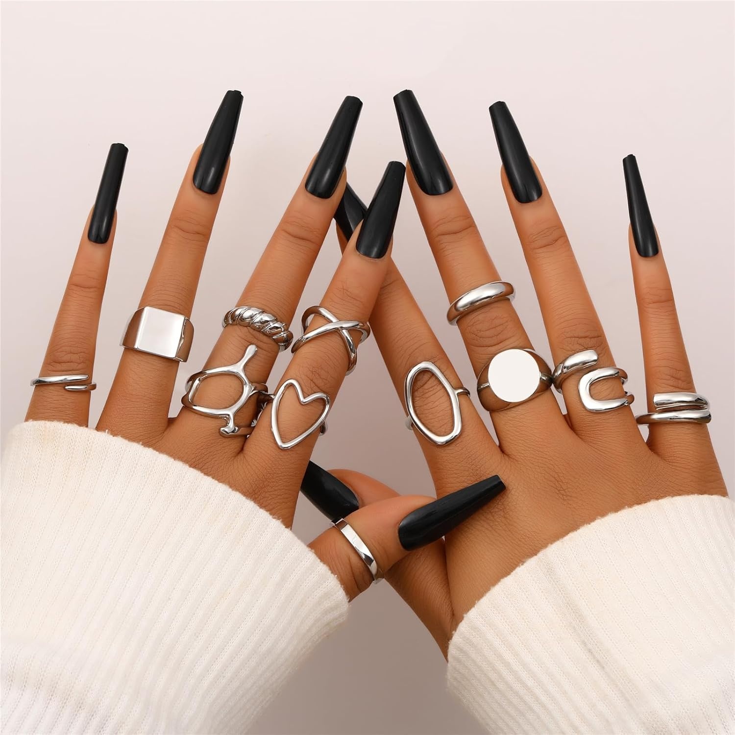 image:imageFAXHION 12PCS Gold Stackable Rings Set for Women 18K Gold Plated Open Stacking Knuckle Ring Adjustable Chunky Signet Band Statement Ring for Gift1Silver12pcs