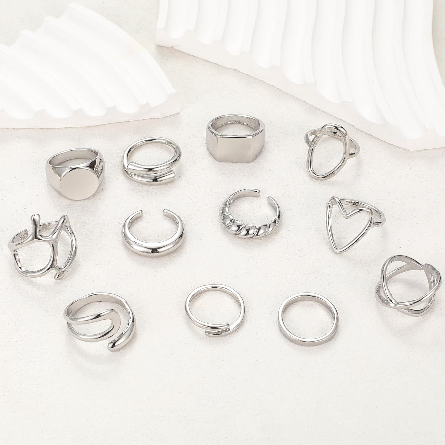 image:imageFAXHION 12PCS Gold Stackable Rings Set for Women 18K Gold Plated Open Stacking Knuckle Ring Adjustable Chunky Signet Band Statement Ring for Gift1Silver12pcs