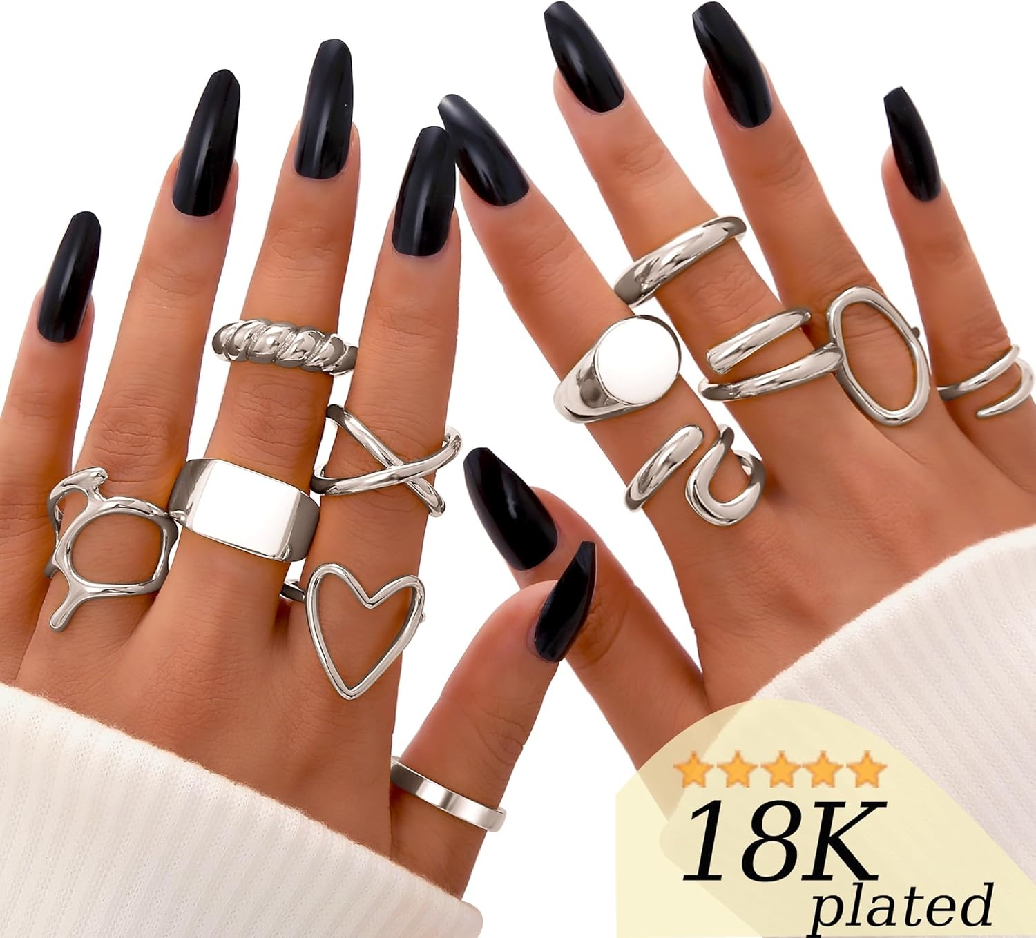 image:imageFAXHION 12PCS Gold Stackable Rings Set for Women 18K Gold Plated Open Stacking Knuckle Ring Adjustable Chunky Signet Band Statement Ring for Gift1Silver12pcs