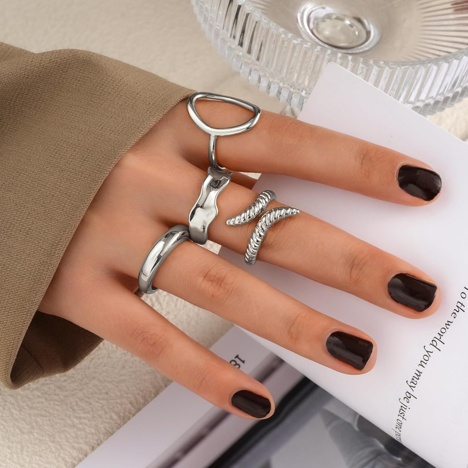 image:imageFAXHION 12PCS Gold Stackable Rings Set for Women 18K Gold Plated Open Stacking Knuckle Ring Adjustable Chunky Signet Band Statement Ring for Gift3ringsSilver