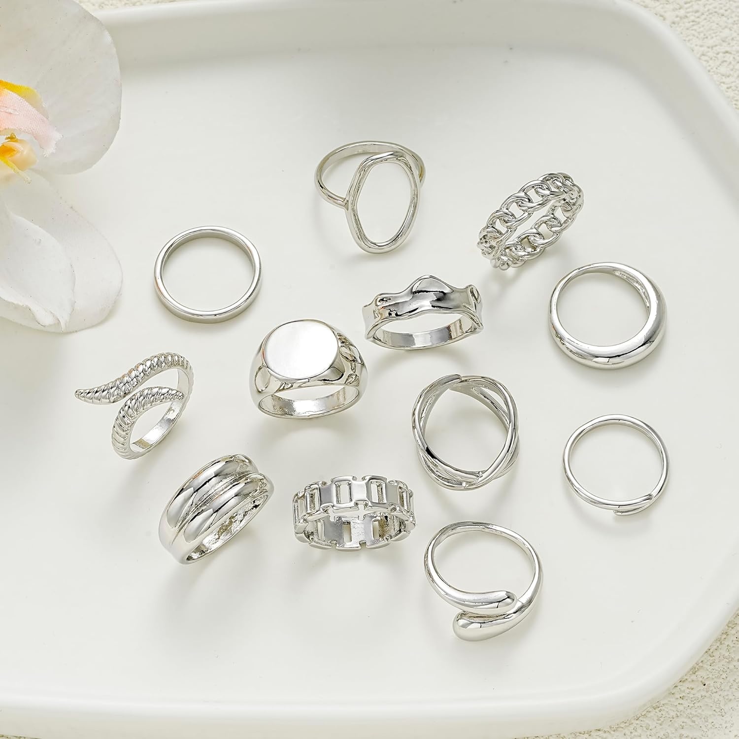 image:imageFAXHION 12PCS Gold Stackable Rings Set for Women 18K Gold Plated Open Stacking Knuckle Ring Adjustable Chunky Signet Band Statement Ring for Gift3ringsSilver