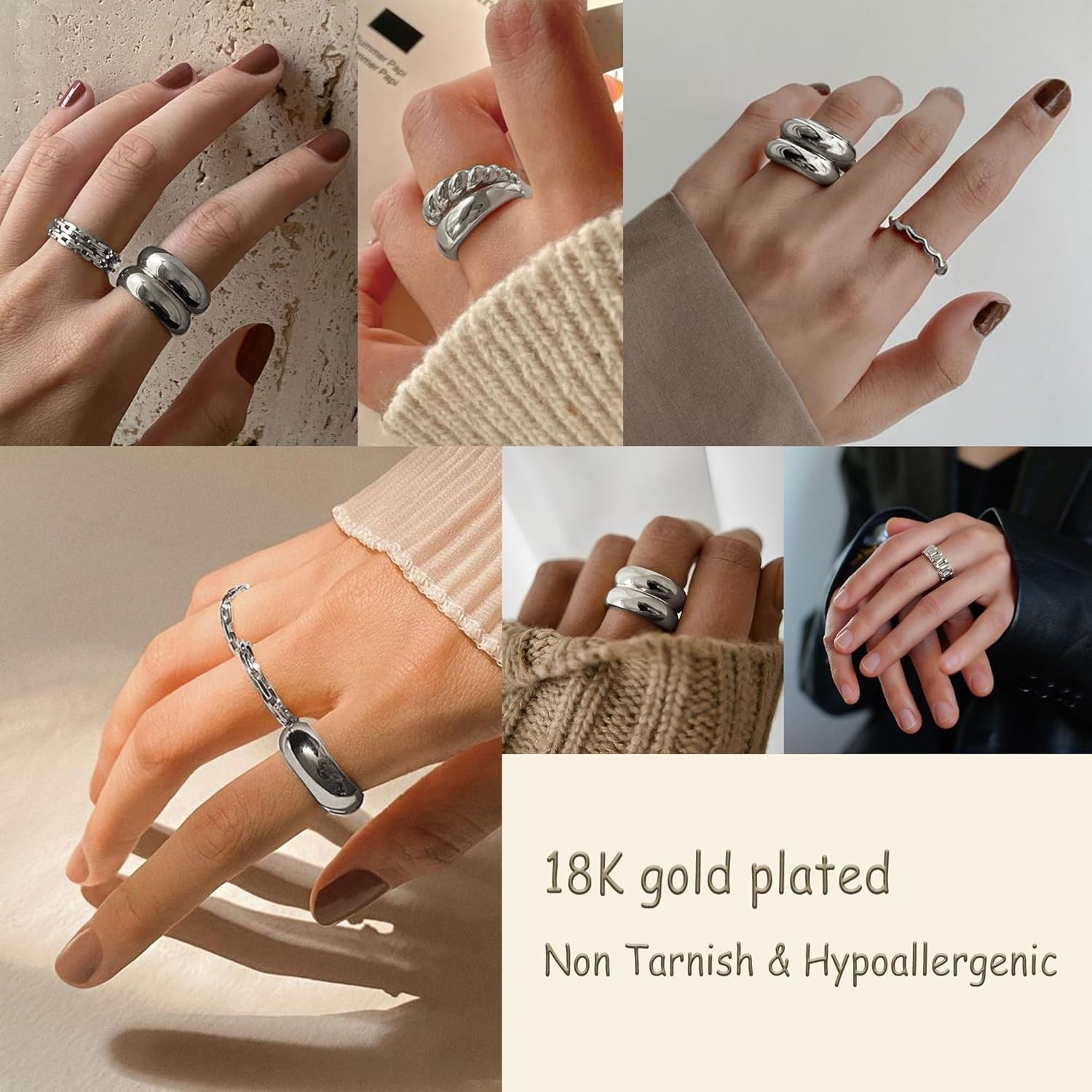 image:imageFAXHION 12PCS Gold Stackable Rings Set for Women 18K Gold Plated Open Stacking Knuckle Ring Adjustable Chunky Signet Band Statement Ring for Gift3ringsSilver