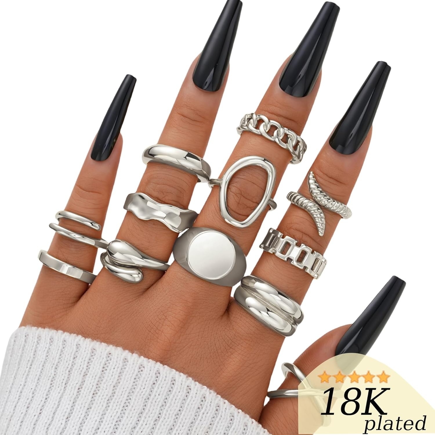 image:imageFAXHION 12PCS Gold Stackable Rings Set for Women 18K Gold Plated Open Stacking Knuckle Ring Adjustable Chunky Signet Band Statement Ring for Gift3ringsSilver