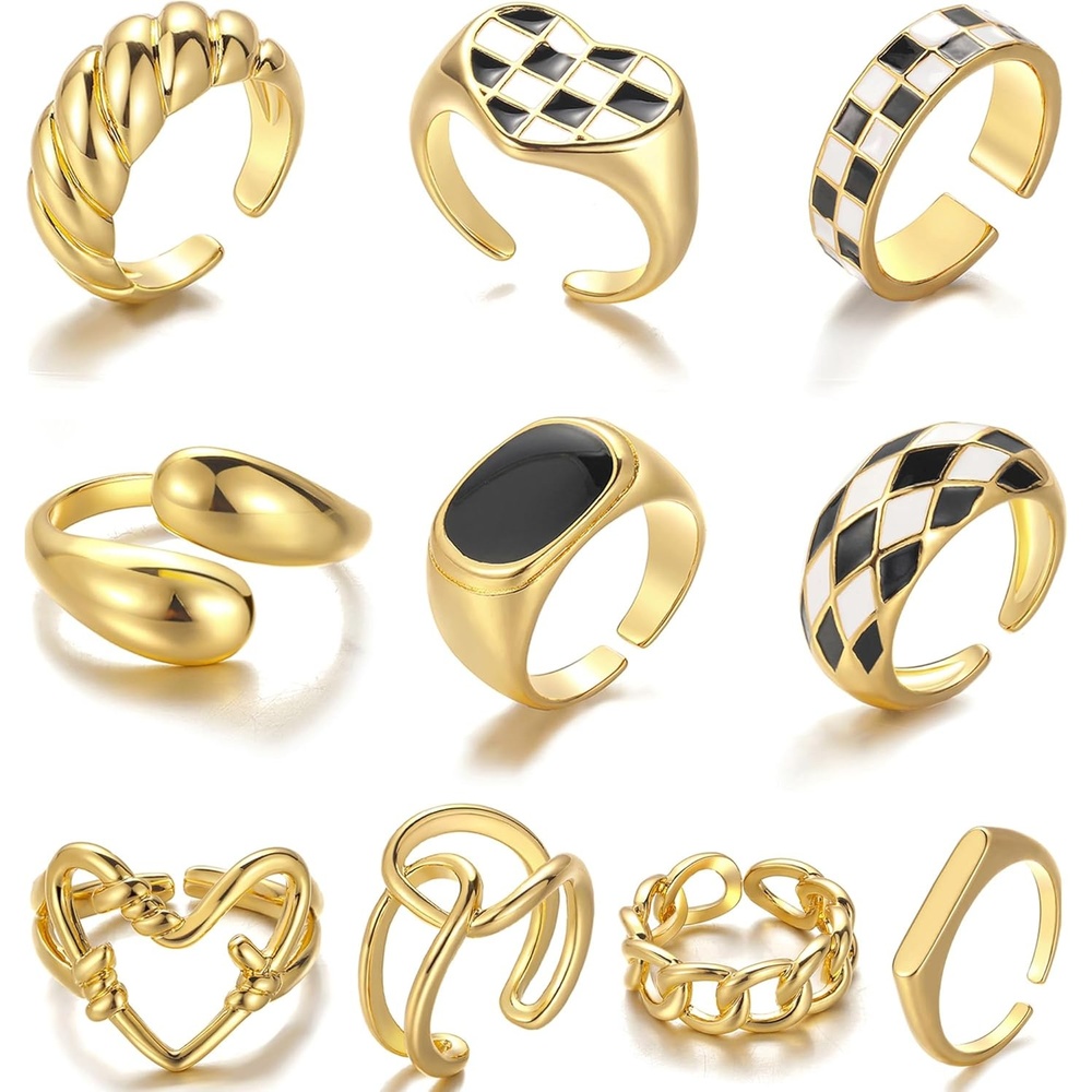 image:imageFAXHION 12PCS Gold Stackable Rings Set for Women 18K Gold Plated Open Stacking Knuckle Ring Adjustable Chunky Signet Band Statement Ring for Gift0Gold 10pcs