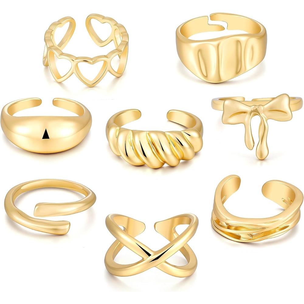 image:imageFAXHION 12PCS Gold Stackable Rings Set for Women 18K Gold Plated Open Stacking Knuckle Ring Adjustable Chunky Signet Band Statement Ring for Gift0Gold Open