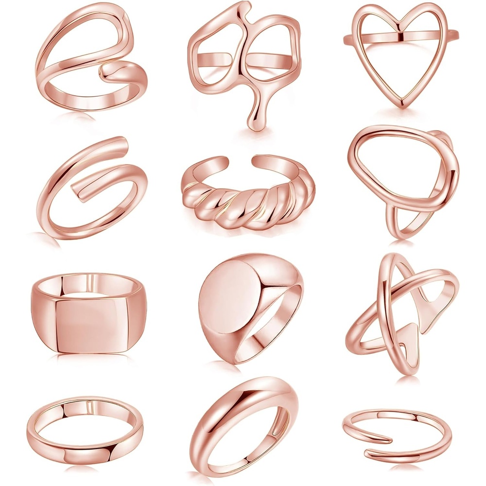 image:imageFAXHION 12PCS Gold Stackable Rings Set for Women 18K Gold Plated Open Stacking Knuckle Ring Adjustable Chunky Signet Band Statement Ring for Gift1Rose12pcs