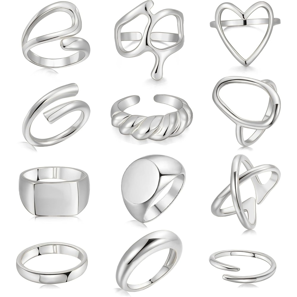 image:imageFAXHION 12PCS Gold Stackable Rings Set for Women 18K Gold Plated Open Stacking Knuckle Ring Adjustable Chunky Signet Band Statement Ring for Gift1Silver12pcs