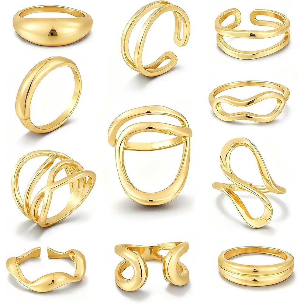 image:imageFAXHION 12PCS Gold Stackable Rings Set for Women 18K Gold Plated Open Stacking Knuckle Ring Adjustable Chunky Signet Band Statement Ring for Gift3Gold Irregular