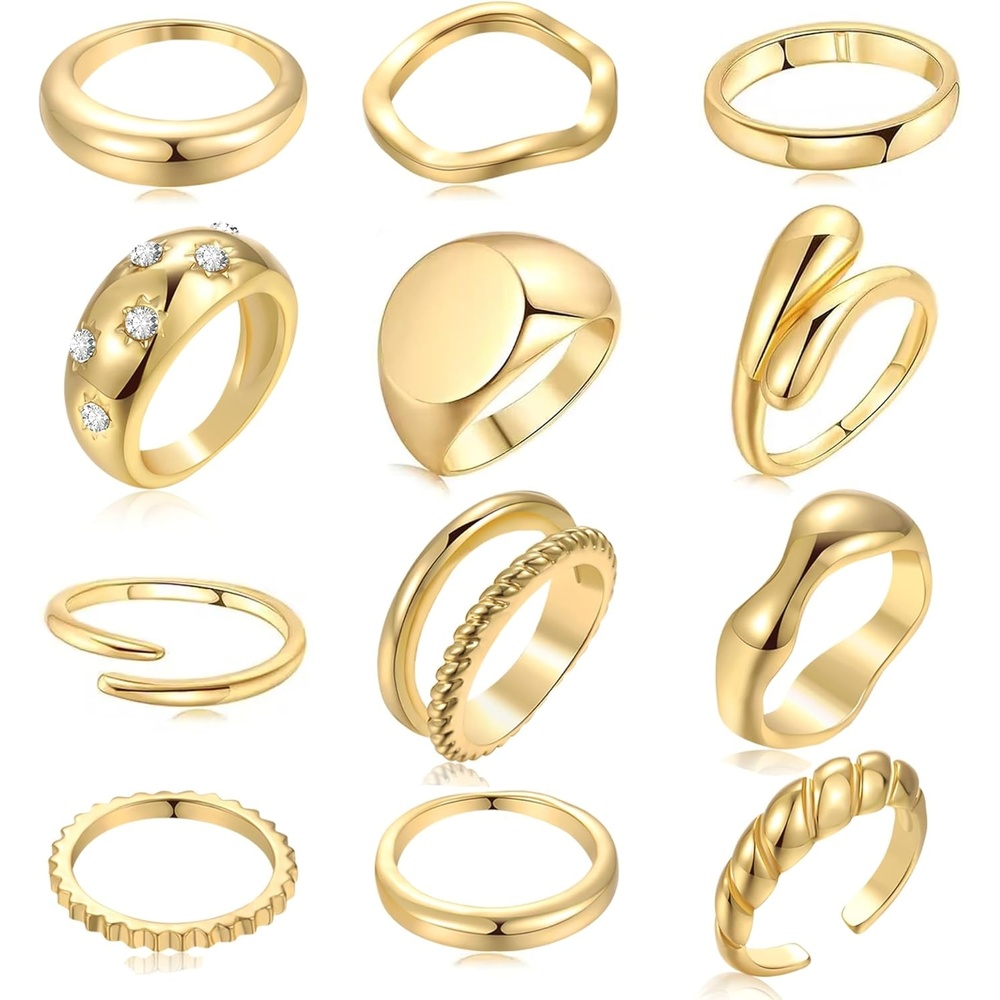 image:imageFAXHION 12PCS Gold Stackable Rings Set for Women 18K Gold Plated Open Stacking Knuckle Ring Adjustable Chunky Signet Band Statement Ring for Gift4ringsGold